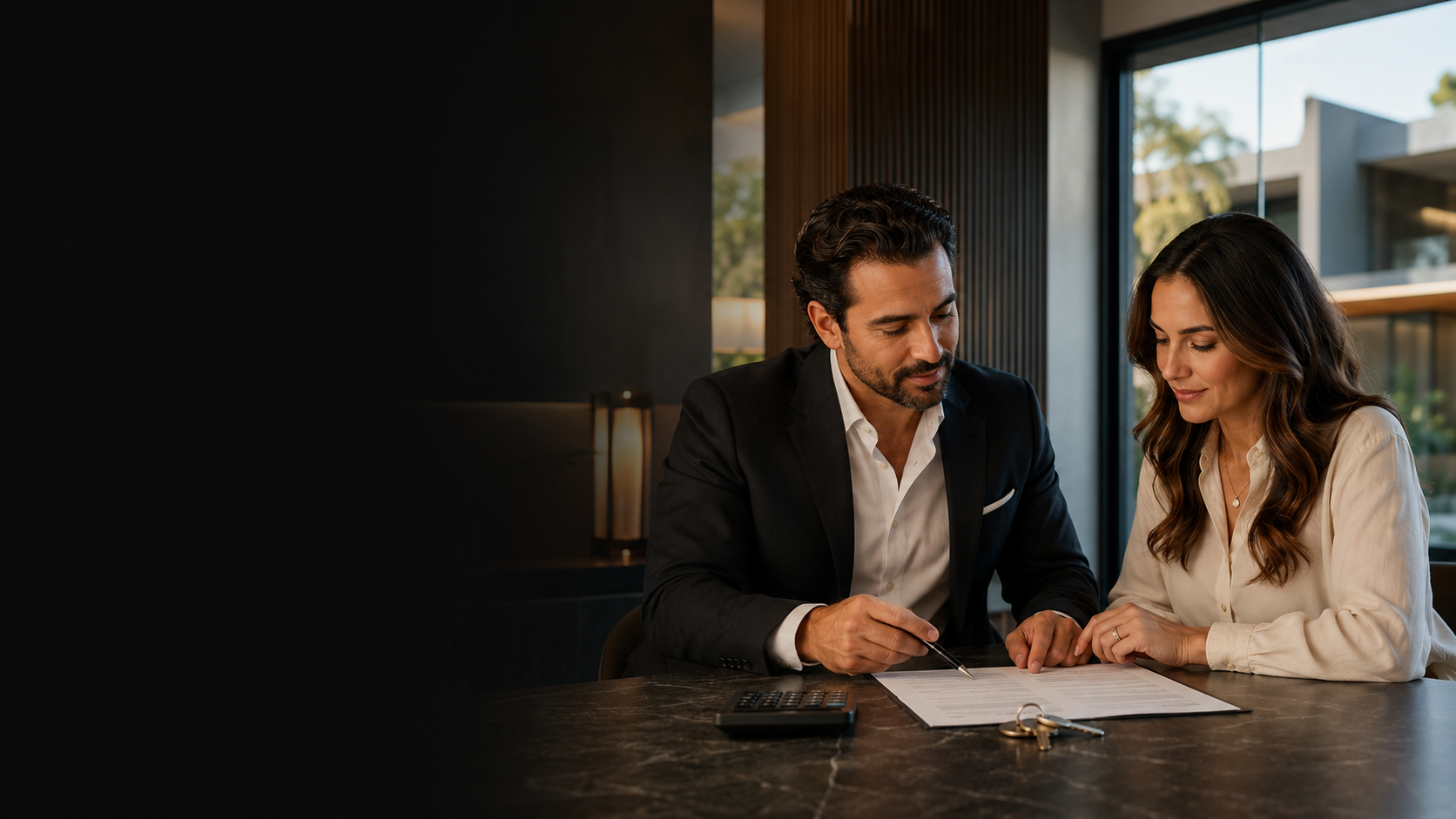 Asesor inmobiliario explica una comisión de venta a una propietaria