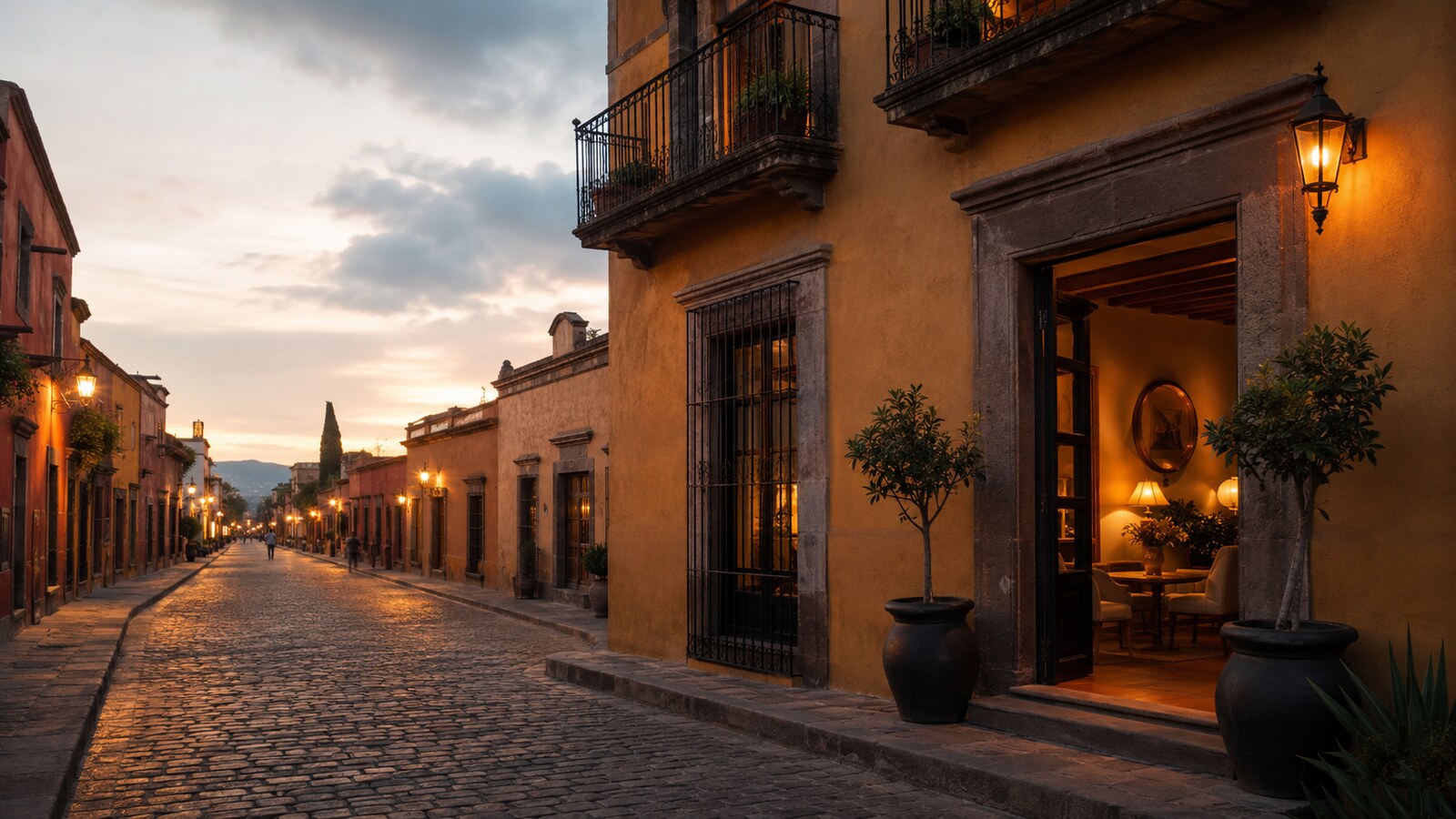 Arquitectura colonial inspirada en San Miguel de Allende al atardecer