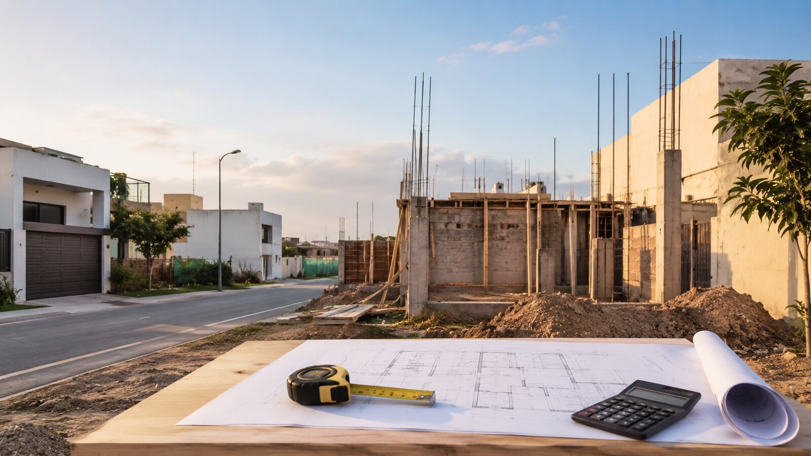 Terreno urbano con vivienda en construcción, planos y herramientas de planeación