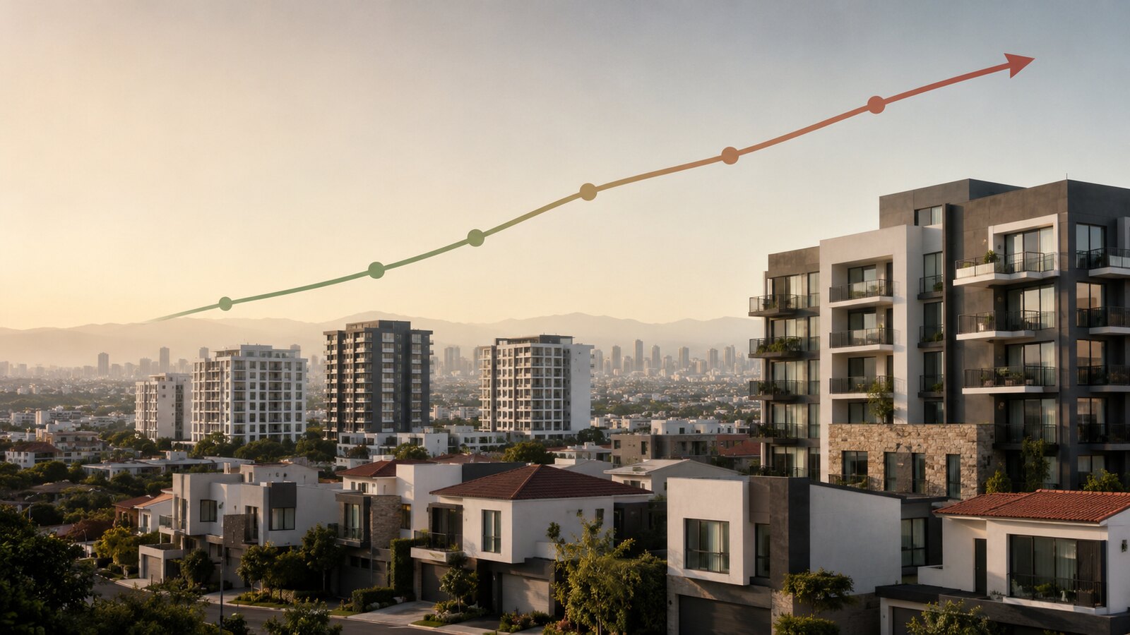 Vivienda urbana y gráfica ascendente sobre precios de vivienda en México durante 2026